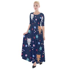 Cute Astronaut Cat With Star Galaxy Elements Seamless Pattern Half Sleeves Maxi Dress by Grandong