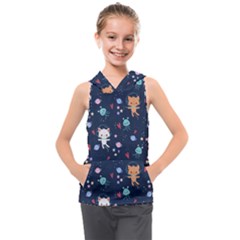 Cute Astronaut Cat With Star Galaxy Elements Seamless Pattern Kids  Sleeveless Hoodie by Grandong