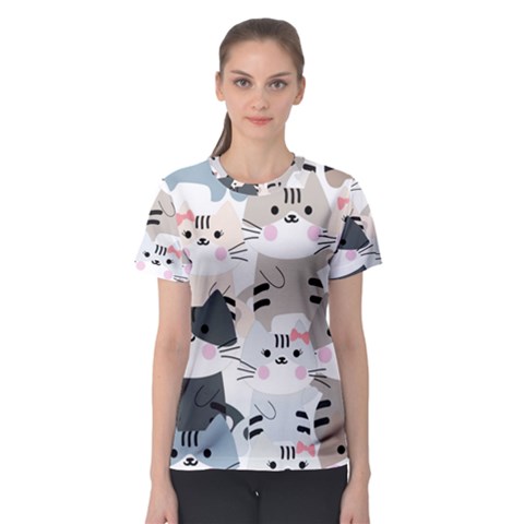 Cute Cat Couple Seamless Pattern Cartoon Women s Sport Mesh T-shirt by Bedest