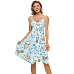 Drinks Cocktails Doodle Coffee Sleeveless Tie Front Chiffon Dress by Apen