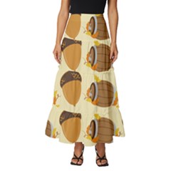 Leaves Foliage Acorns Barrel Tiered Ruffle Maxi Skirt by Apen