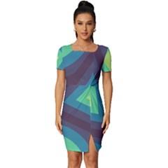 Pattern Blue Green Retro Design Fitted Knot Split End Bodycon Dress