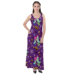 Pumpkins Ghosts Skeleton Pattern Sleeveless Velour Maxi Dress