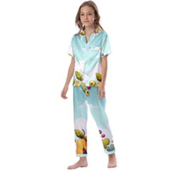 Fruits Sweet Papaya Orange Pattern Kids  Satin Short Sleeve Pajamas Set