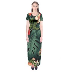 Flowers Monstera Foliage Tropical Short Sleeve Maxi Dress