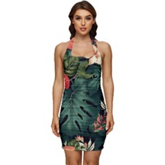 Flowers Monstera Foliage Tropical Sleeveless Wide Square Neckline Ruched Bodycon Dress by Ravend