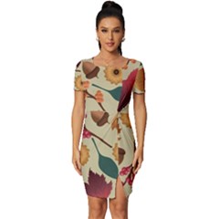 Autumn Leaves Colours Season Fitted Knot Split End Bodycon Dress by Ravend