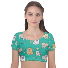 Seamless Pattern Cute Cat Cartoon With Hand Drawn Style Velvet Short Sleeve Crop Top 