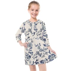 Blue Vintage Background, Blue Roses Patterns, Retro Kids  Quarter Sleeve Shirt Dress by nateshop