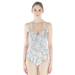 Damask, Desenho, Flowers, Gris Halter Swimsuit by nateshop