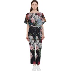 Floral Pattern, Red, Floral Print, E, Dark, Flowers Batwing Lightweight Chiffon Jumpsuit by nateshop