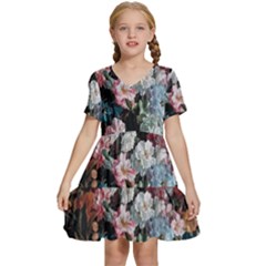 Floral Pattern, Red, Floral Print, E, Dark, Flowers Kids  Short Sleeve Tiered Mini Dress by nateshop