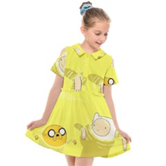 Adventure Time Jake The Dog Finn The Human Artwork Yellow Kids  Short Sleeve Shirt Dress by Sarkoni