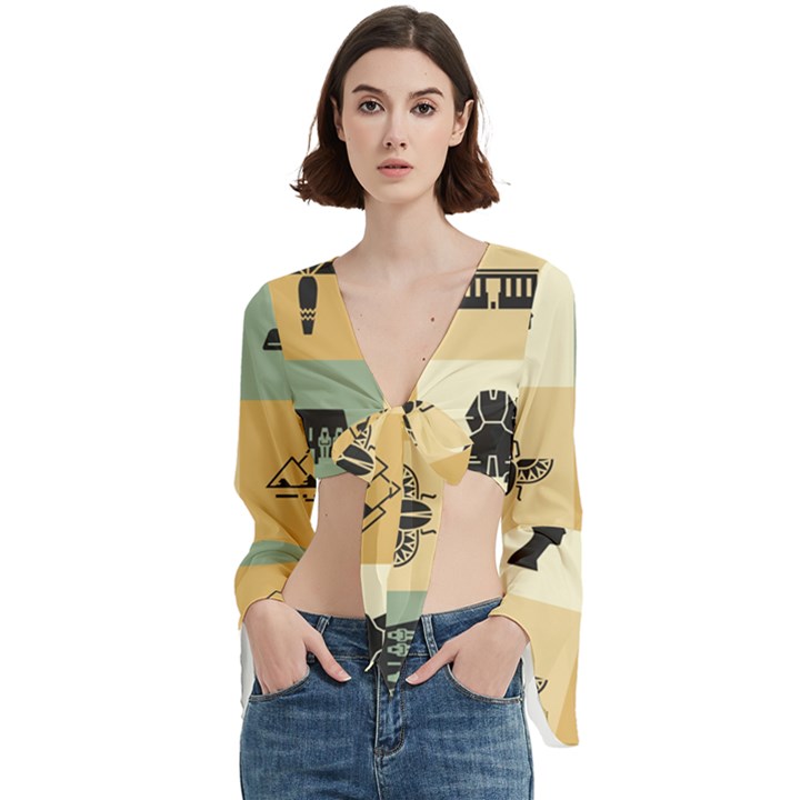 Egyptian Flat Style Icons Trumpet Sleeve Cropped Top