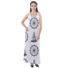 Marine Nautical Seamless Pattern With Vintage Lighthouse Wheel Sleeveless Velour Maxi Dress