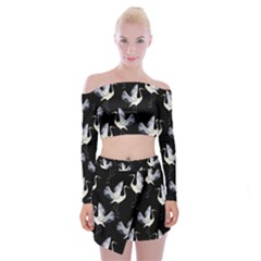 Crane Pattern Off Shoulder Top With Mini Skirt Set