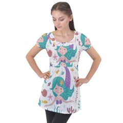 Set Cute Mermaid Seaweeds Marine In Habitants Puff Sleeve Tunic Top