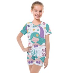 Set Cute Mermaid Seaweeds Marine In Habitants Kids  Mesh T-shirt And Shorts Set