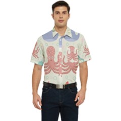 Underwater Seamless Pattern Light Background Funny Men s Short Sleeve Pocket Shirt 