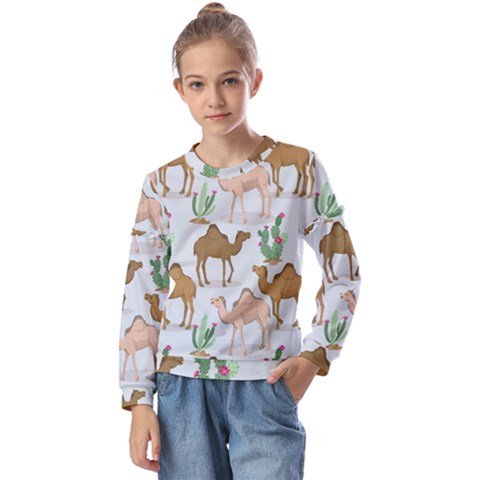 Camels Cactus Desert Pattern Kids  Long Sleeve T-shirt With Frill  by Hannah976