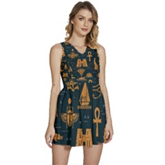 Dark Seamless Pattern Symbols Landmarks Signs Egypt Art Sleeveless High Waist Mini Dress