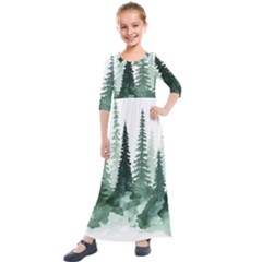 Tree Watercolor Painting Pine Forest Kids  Quarter Sleeve Maxi Dress by Hannah976