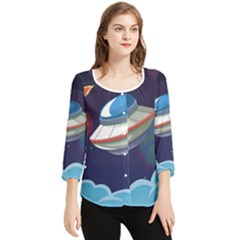 Ufo Alien Spaceship Galaxy Chiffon Quarter Sleeve Blouse by Bedest