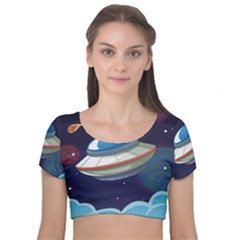 Ufo Alien Spaceship Galaxy Velvet Short Sleeve Crop Top  by Bedest