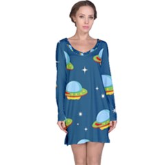 Seamless Pattern Ufo With Star Space Galaxy Background Long Sleeve Nightdress by Bedest