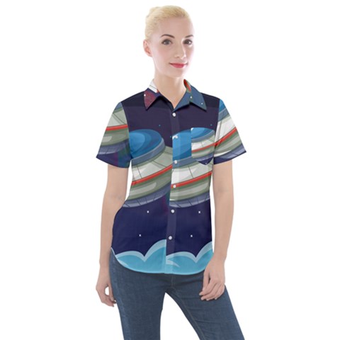 Ufo Alien Spaceship Galaxy Women s Short Sleeve Pocket Shirt by Bedest