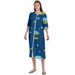 Seamless Pattern Ufo With Star Space Galaxy Background Women s Cotton 3/4 Sleeve Night Gown by Bedest