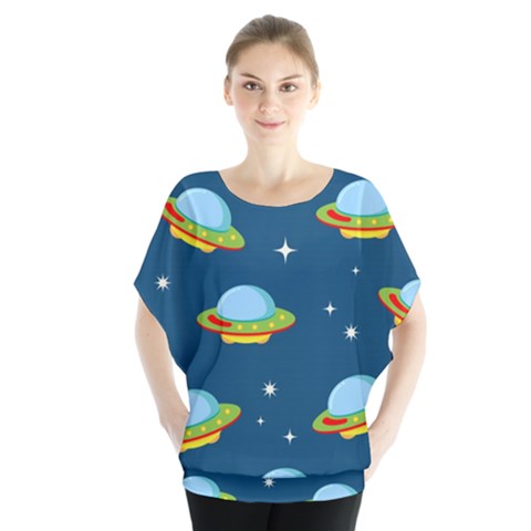 Seamless Pattern Ufo With Star Space Galaxy Background Batwing Chiffon Blouse by Bedest