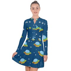 Seamless Pattern Ufo With Star Space Galaxy Background Long Sleeve Panel Dress by Bedest