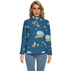 Seamless Pattern Ufo With Star Space Galaxy Background Women s Puffer Bubble Jacket Coat by Bedest