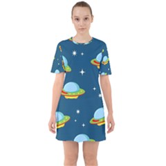 Seamless Pattern Ufo With Star Space Galaxy Background Sixties Short Sleeve Mini Dress by Bedest