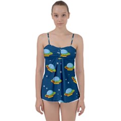 Seamless Pattern Ufo With Star Space Galaxy Background Babydoll Tankini Top by Bedest