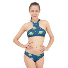 Seamless Pattern Ufo With Star Space Galaxy Background High Neck Bikini Set by Bedest