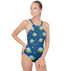 Seamless Pattern Ufo With Star Space Galaxy Background High Neck One Piece Swimsuit by Bedest