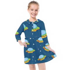 Seamless Pattern Ufo With Star Space Galaxy Background Kids  Quarter Sleeve Shirt Dress by Bedest