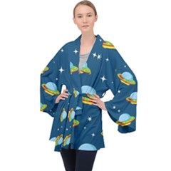 Seamless Pattern Ufo With Star Space Galaxy Background Long Sleeve Velvet Kimono  by Bedest