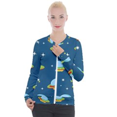 Seamless Pattern Ufo With Star Space Galaxy Background Casual Zip Up Jacket by Bedest