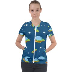 Seamless Pattern Ufo With Star Space Galaxy Background Short Sleeve Zip Up Jacket by Bedest