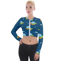 Seamless Pattern Ufo With Star Space Galaxy Background Long Sleeve Cropped Velvet Jacket by Bedest
