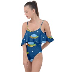 Seamless Pattern Ufo With Star Space Galaxy Background Drape Piece Swimsuit by Bedest