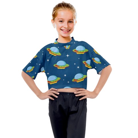 Seamless Pattern Ufo With Star Space Galaxy Background Kids Mock Neck T-shirt by Bedest