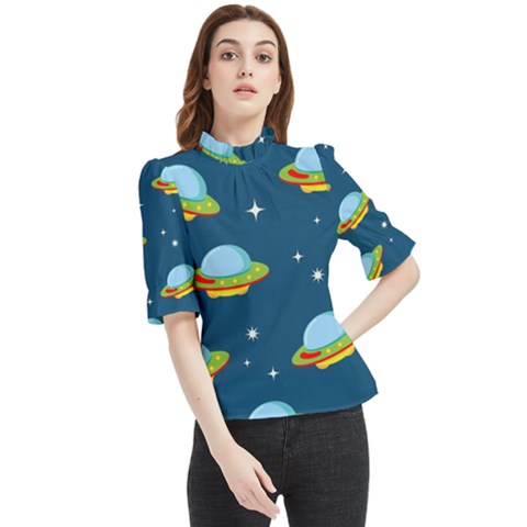 Seamless Pattern Ufo With Star Space Galaxy Background Frill Neck Blouse by Bedest
