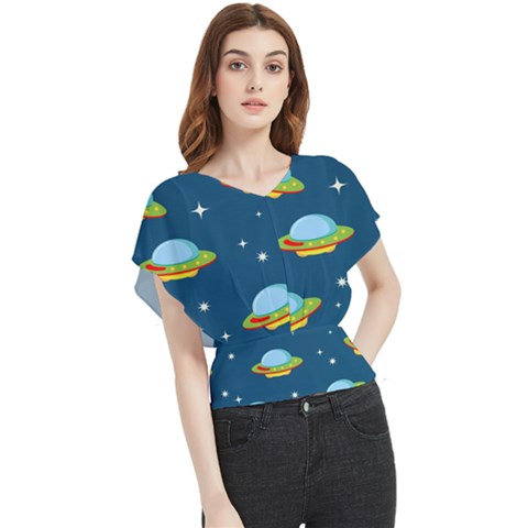 Seamless Pattern Ufo With Star Space Galaxy Background Butterfly Chiffon Blouse by Bedest