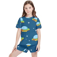 Seamless Pattern Ufo With Star Space Galaxy Background Kids  T-shirt And Sports Shorts Set
