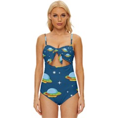 Seamless Pattern Ufo With Star Space Galaxy Background Knot Front One-piece Swimsuit by Bedest