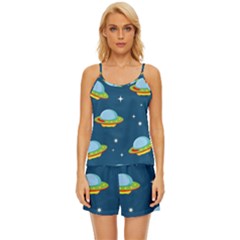 Seamless Pattern Ufo With Star Space Galaxy Background Satin Pajama Short Set by Bedest